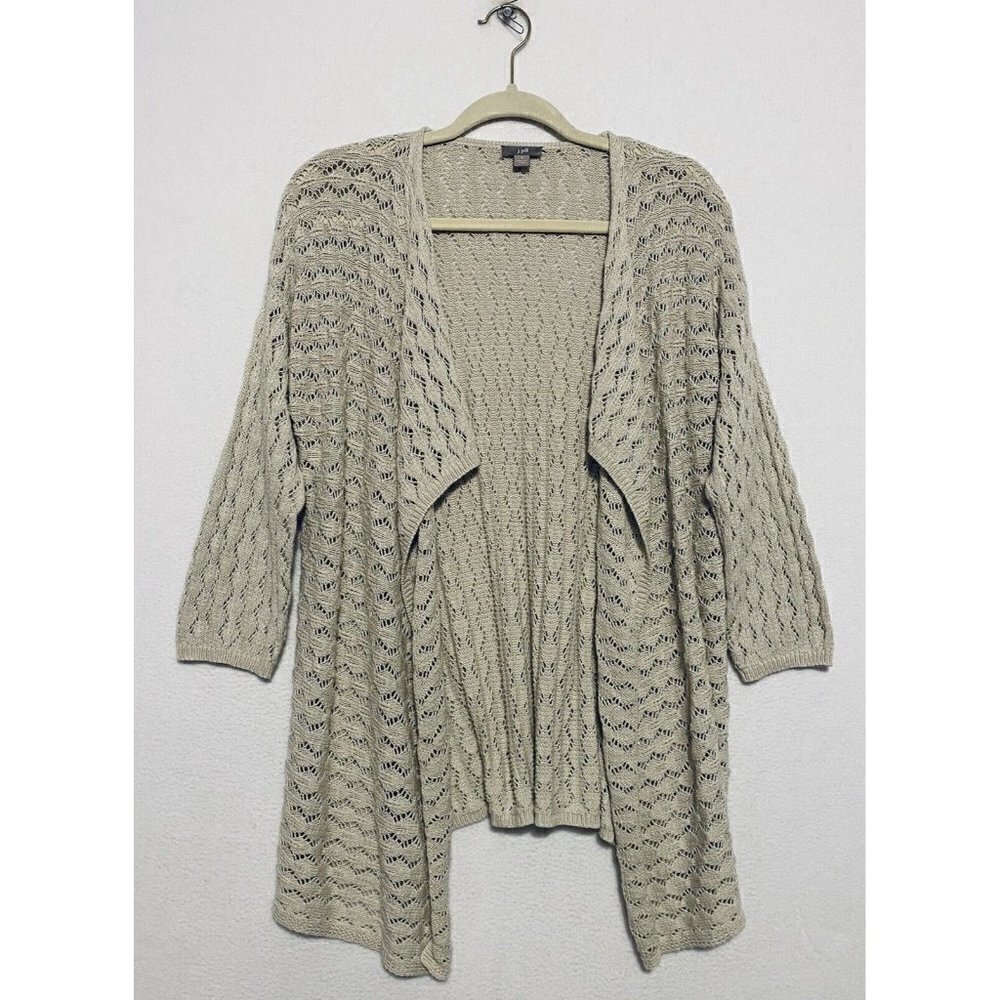 J Jill Womens Pointelle Open Cardigan Light Brown 3/4 Sleeves Cottagecore Small